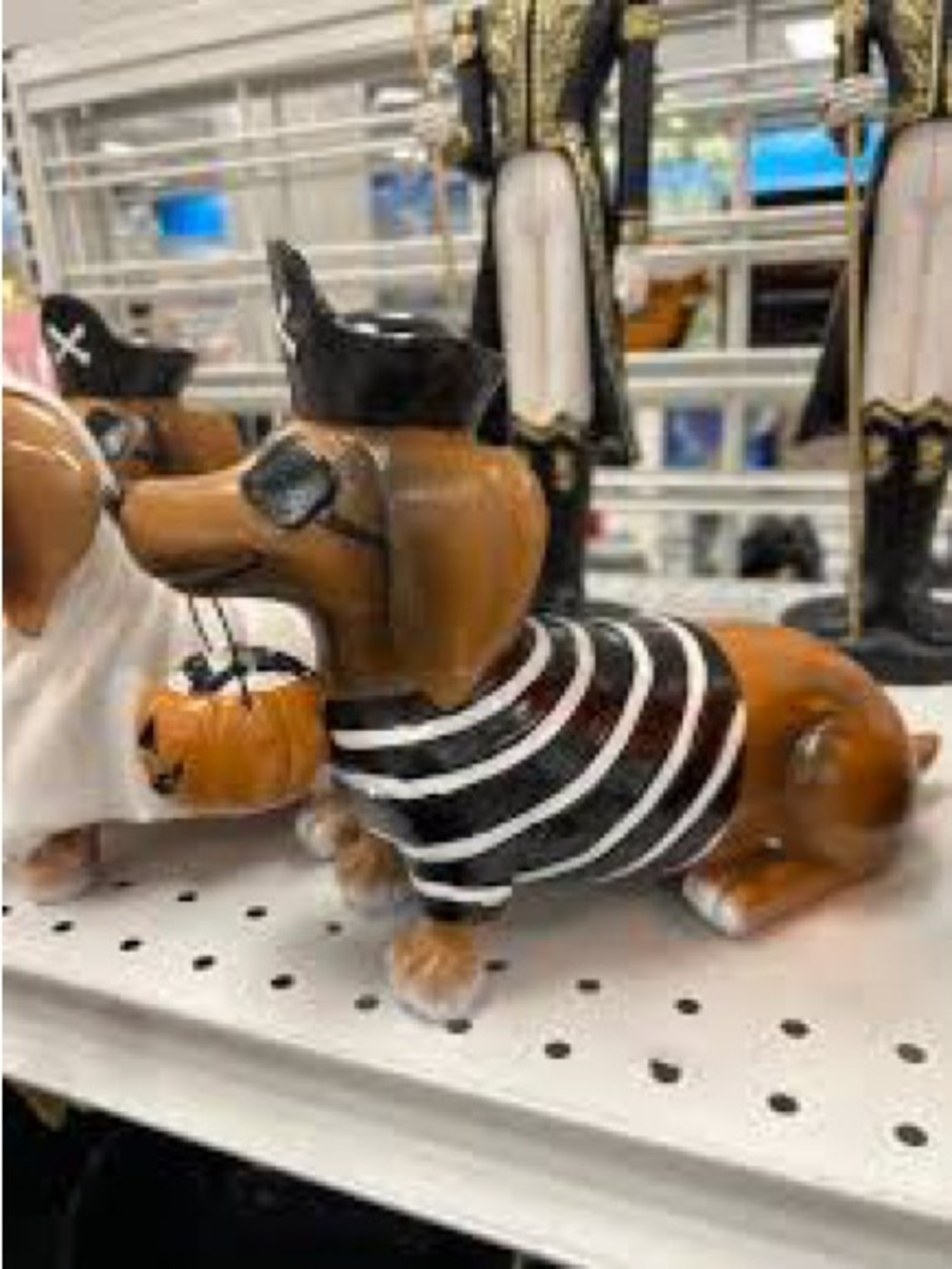 Halloween Pirate Dachshund Dog Figurine Striped Shirt Pumpkin Pail Spooky Decor